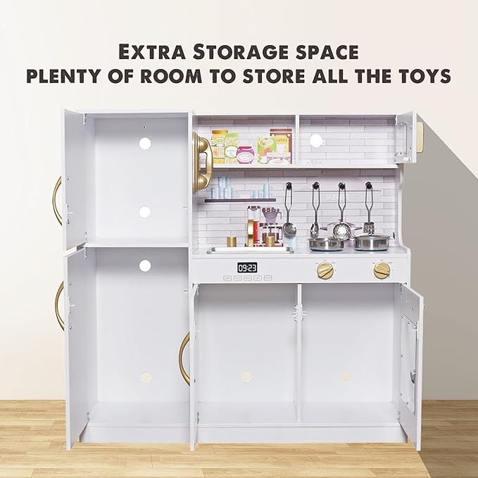 Wooden Play Kitchen Toy Set with Light, Kids Children Pretend Toy Kitchen Playset, Sink with Faucet, Oven, Microwave, Kitchenware Set Accessories for Ages 3-8 Girls Boys