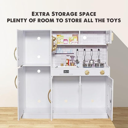 Wooden Play Kitchen Toy Set with Light, Kids Children Pretend Toy Kitchen Playset, Sink with Faucet, Oven, Microwave, Kitchenware Set Accessories for Ages 3-8 Girls Boys