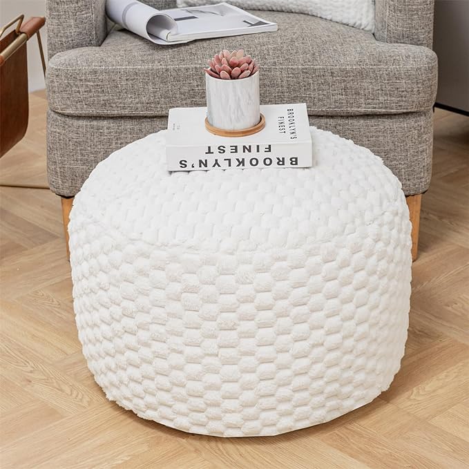 Round Stuffed Pouf Ottoman 20x20x12 Inches Faux Fur Ottoman Foot Rest Under Desk Foot Stool Great for Living Room, Bedroom Small Furniture (Ivory Pouf with Filler)