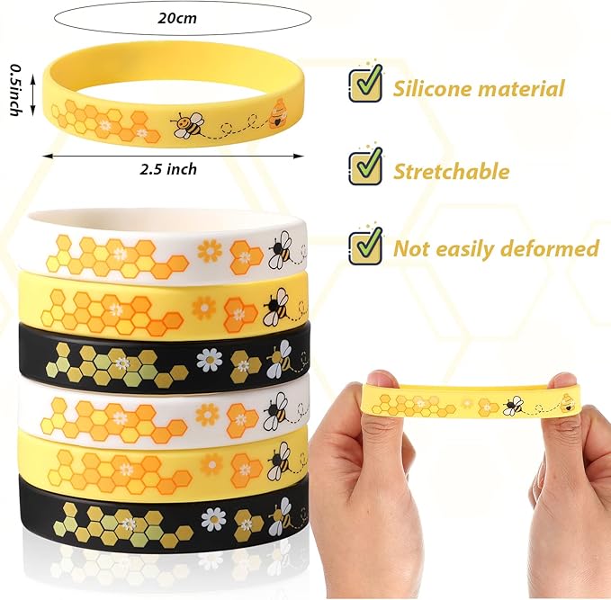 Bee Bracelet Silicone Bee Wristband Assorted Color Bee Theme Party Favors Bee Teachers Decorations Classroom Decorations Bees Wristband for Boy Girl Bee Birthday Baby Shower Party Supply (48 Pieces)