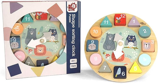 LEO & FRIENDS Shape Sorting Clock - 1 to 12 Removable Number Blocks Included, Learn How to Tell Time, Premium Wooden Educational Toy, Fun Puzzle Stacking and Sorting for Children Ages 3+