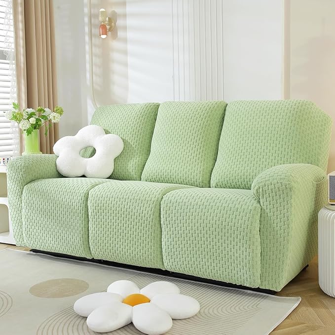 vctops 8 Pieces Jacquard Plush Recliner Sofa Covers Stretch Soft 3 Seats Couch Cover Anti-Slip Solid Color Sofa Slipcover Furniture Protector with Elastic Bottom for Kids Pet (Green,3 Seat)