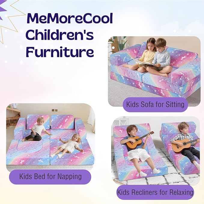 MeMoreCool Toddler Couch, 10-Piece Modular Play Sofa for Playroom, Fold Out Kids Couch for Girl Boy, Glow Rainbow