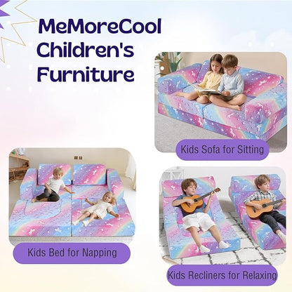 MeMoreCool Toddler Couch, 10-Piece Modular Play Sofa for Playroom, Fold Out Kids Couch for Girl Boy, Glow Rainbow