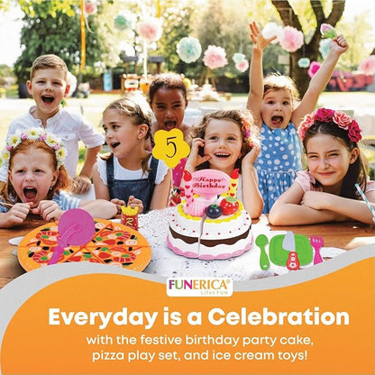FUNERICA Play Food Goodies Set - Features Cutting Pizza, Ice Cream, Toy Birthday Cake, Fries, Dessert – Pretend Kitchen Toys for Toddlers, Boys, Girls