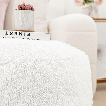 Round Pouf Ottoman Stuffed Pouf Ottoman Foot Rest Floor Foot Stool Floor Pouf for Living Room Bedroom Foot Rest for Couch 20 Inx12 Inch One Piece High Resiliency Foam Ottoman White Pouf with Filler