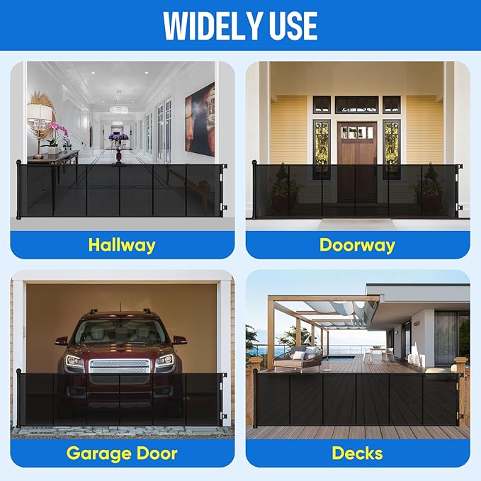 34X100” Extra Wide Safety Retractable Baby Gate, Extra Wide Safety Kids or Pets Gate, 34” Tall, Extends to 100” Extra Wide, Built-in Reinforce Strip Mesh Safety Dog Gate for Stairs (34”X100”, Black)