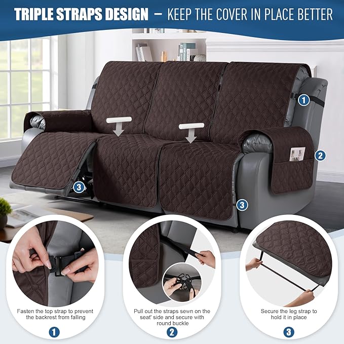 TAOCOCO 100% Waterproof Recliner Covers, Recliner Sofa Covers with Leg Straps, Reversible Recliner Couch Cover for Reclining Chair, Washable Couch Protector for Pets Kids(3 Seater, Chocolate)