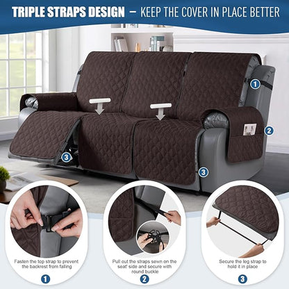 TAOCOCO 100% Waterproof Recliner Covers, Recliner Sofa Covers with Leg Straps, Reversible Recliner Couch Cover for Reclining Chair, Washable Couch Protector for Pets Kids(3 Seater, Chocolate)