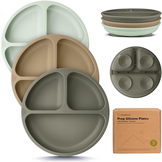 KeaBabies Suction Plates for Baby, Toddler - 3-Pack 100% Silicone Toddler Plates, Divided Baby Plates with Suction, Silicone Plates for Baby, Kids, BPA-Free, Microwave, Dishwasher Safe (Marsh)