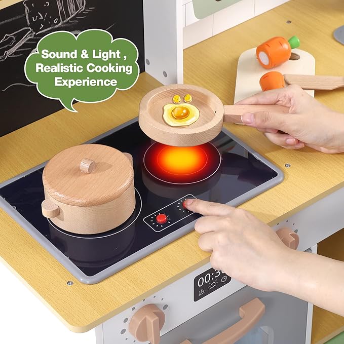 Play Kitchen for Kids, Wooden Play Kitchen with Toy Storage System, Kids Play Kitchen with Cookware Accessories, Kids Play Kitchen Designed, Gift for Ages 3+