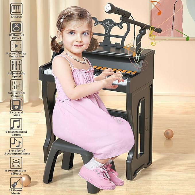 Pianos for Kids Ages 3-7, 37 Keys Toddler Piano with Microphone and Piano Stickers, Music Keyboard Toy for Beginners Boys Girls Christmas Birthday Gift