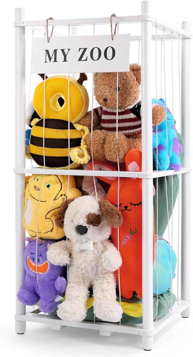 GLDZI Stuffed Animal Storage Zoo, Wooden Stuffed Animal Organizer with Elastic Cords for Boys Girls, Space Saving Toy Plushies Storage Holder for Playroom, Bedroom, Living Room (White, Small)