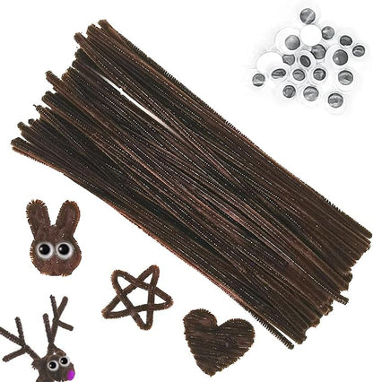 Cldamecy 100 pcs Brown Pipe Cleaners with 20 pcs Googly Eyes,Chenille Stems for Craft Project,Craft Pipe Cleaners for DIY Projects,Arts and Holiday Decoration