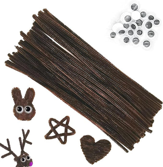Cldamecy 100 pcs Brown Pipe Cleaners with 20 pcs Googly Eyes,Chenille Stems for Craft Project,Craft Pipe Cleaners for DIY Projects,Arts and Holiday Decoration