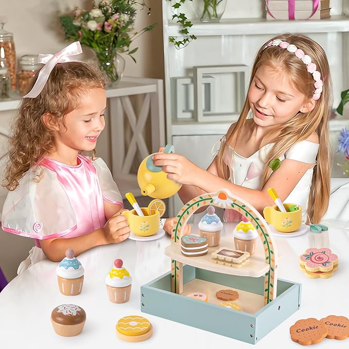 Toyssa Wooden Tea Party Set for Little Girls Toys Toddler Tea Set with Storage Cupcake Stand & Play Kitchen Accessories, Wooden Toys for Toddlers 2 3 4 5 6 Years Old, Birthday Kids Girls Gifts 1-3