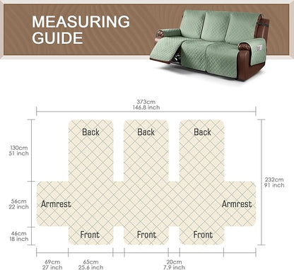 KinCam Waterproof Recliner Sofa Cover, Non-Slip Reclining Couch Covers for 3 Seat, Recliner Couch Cover Furniture Protector with Elastic Straps for Pets, Kids, Sage Green