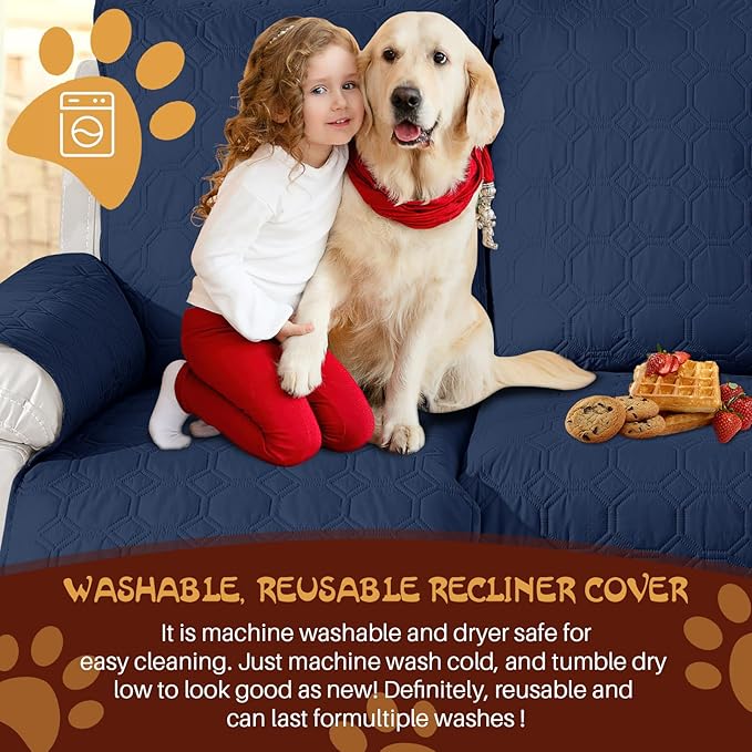 XINEAGE 100% Waterproof Recliner Chair Cover, Non Slip Covers for Recliner Chair with Pocket, Washable Dog Recliner Couch Cover with Elastic Straps (Dark Blue, 23.6")