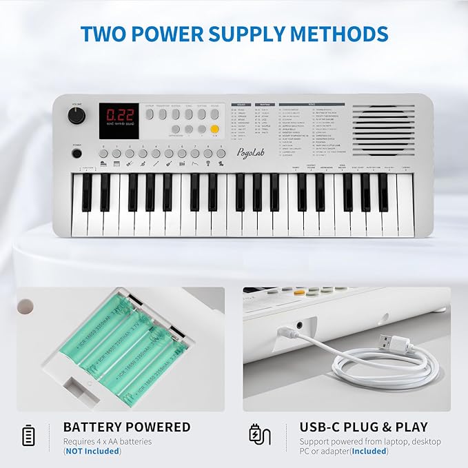 POGOLAB MK1 37 Keys Kids Keyboard Piano, Mini Portable Multi-Function Piano with Excellent Sound Quality, Built-In Speaker & LED Display, Small Electric Music Keyboard Gift for Beginners (White)