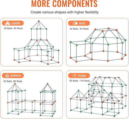 VEVOR Fort Building Kit for Kids, 180PCS STEM Building Toys, Educational Gift for 4 5 6 7 8+ Year Old Boys & Girls, Indoor Outdoor Play Tent Builder Set Construction Toys with 120 Rods and 60 Balls