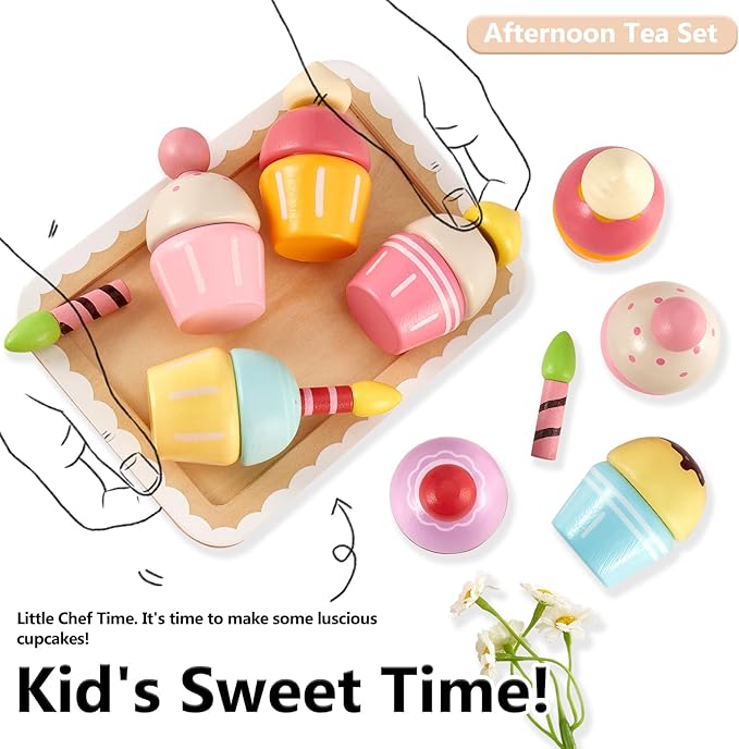 HERSITY Wooden Cupcakes Toys Pretend Play Food Desserts Kids Baking Set, Kitchen Playset for Toddlers 3-5, Tea Party for Little Girls Cooking Games Age 3 4 5 Years Old Girls Boys