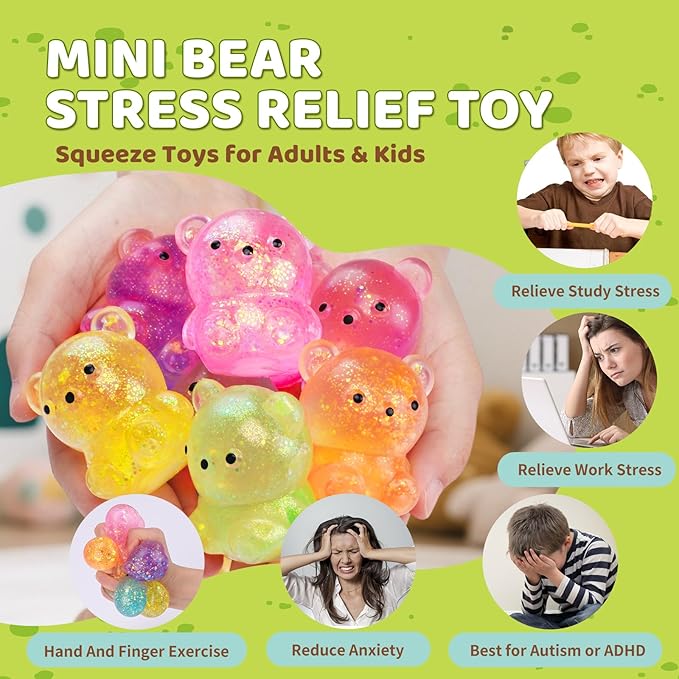 24 Pack Bear Stress Squishy Ball，Fidget Taba Squishy Toys for Kids ，Sugar Filled Gummy Stress Cube, Bear Toys Squeeze Balls for Party Favors, Classroom Prizes ,Goodie Bags Stuffer