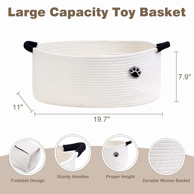 Optish Dog Toy Basket, Toy Box and Bin for Dog Cat Storage, 19.7" X 11" X 7.9" (30L) Large Woven Basket for Blanket Storage, Rope Baskets for Living Room, Bedroom, White
