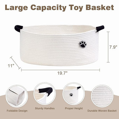Optish Dog Toy Basket, Toy Box and Bin for Dog Cat Storage, 19.7" X 11" X 7.9" (30L) Large Woven Basket for Blanket Storage, Rope Baskets for Living Room, Bedroom, White
