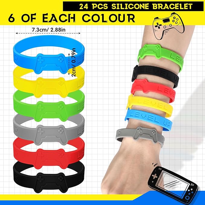 Skylety 72 Pcs Video Game Party Favor Set, Rubber Bracelets Stamps Video Game Acrylic Lobster Keychain Gamer Birthday Party Favors Supplies, Gift Bag Stuffer for Kids