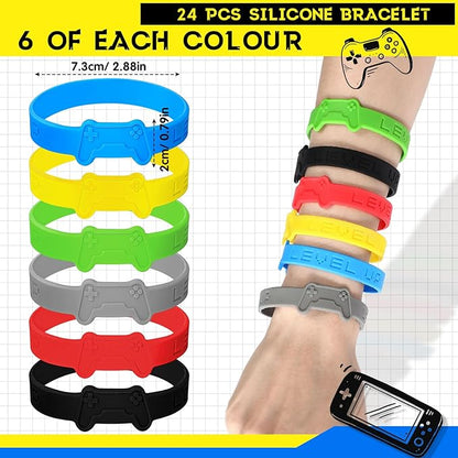 Skylety 72 Pcs Video Game Party Favor Set, Rubber Bracelets Stamps Video Game Acrylic Lobster Keychain Gamer Birthday Party Favors Supplies, Gift Bag Stuffer for Kids