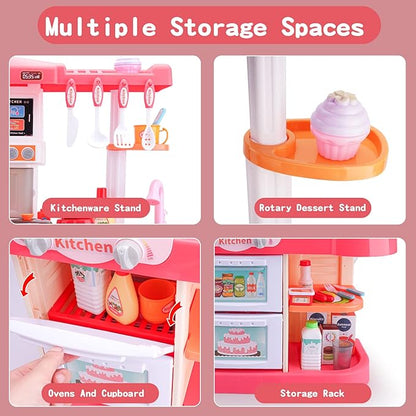 Kids Play Kitchen Toy Playset,Pink Kitchen Toy Set with Play Sink & Pretend Steam, Toddler Kitchen Accessories Set with Sounds & Light, Birthday for Boy Girl 3 4 5 7 8 Year Old