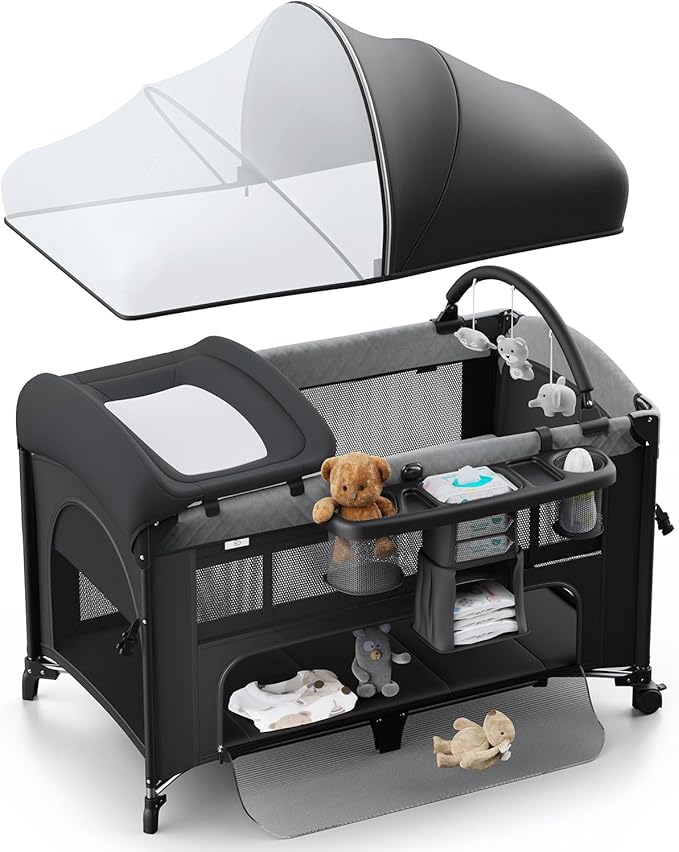 Obee Odee 4 in 1 Baby Bassinet, Pack and Play, Bedside Crib Sleeper, Diaper Changer - Comes with Mattress, Mosquito Net，Bottom Storage and Toy Bar for Newborn to Toddles