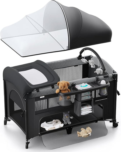 Obee Odee 4 in 1 Baby Bassinet, Pack and Play, Bedside Crib Sleeper, Diaper Changer - Comes with Mattress, Mosquito Net，Bottom Storage and Toy Bar for Newborn to Toddles