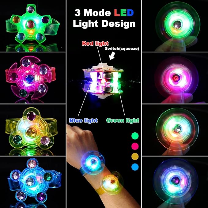 24 Pack LED Light Up Fidget Spinner Bracelets Party Favors for Kids 4-8 8-12, Glow in The Dark Party Supplies, Birthday Gifts, Treasure Box Toys for Classroom, Goodie Bags Stuffers