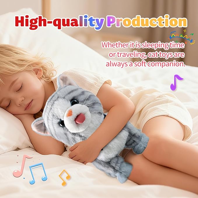 Gray Walking Cat Toy for Girls Kittens Interactive Talking Cat Meows Singing Dancing Mimicking Kitty Toys Set for Baby with Leash Plush Electronic Robot Kitties for Kids Toddlers