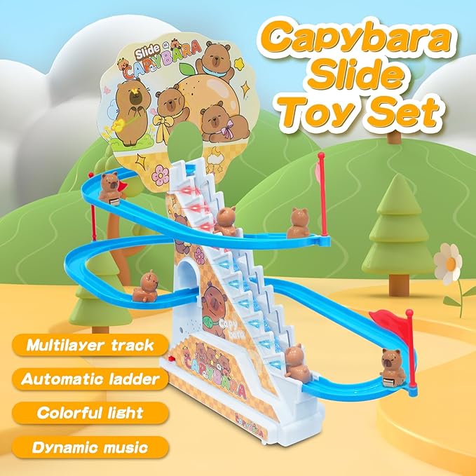 Roller Coaster Toys for Toddlers, Climbing Stairs Slide Toy Set with Flashing Lights & Music On/Off Button, Birthday Capybara Gifts for Boys Girls Kids