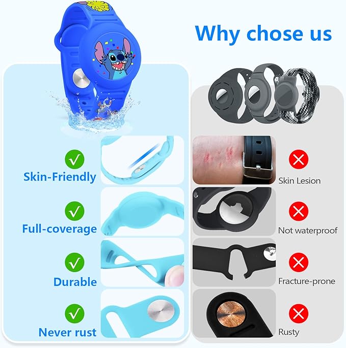 Waterproof for Airtag Bracelet for Kids, Cute Cartoon Air Tag Holder Wristband with Hidden Design, Soft Silicone Airtag Case for Child, Navy Blue