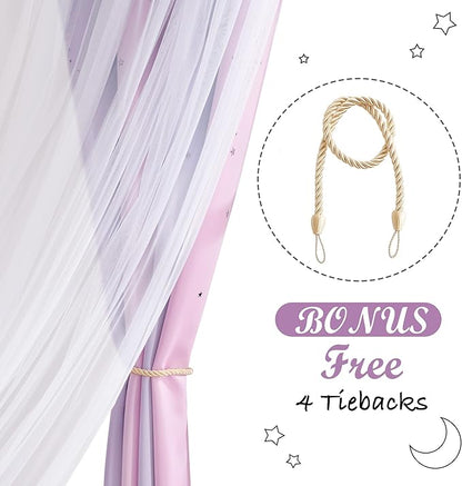 NICETOWN Moon Star Curtains for Girls Bedroom Nursery Blackout Decor Light Blocking Sheer Overlay PrincessRainbow Striped Layered Window Curtains, 2 Panels, 52W x 84L, Purple Blue Pink