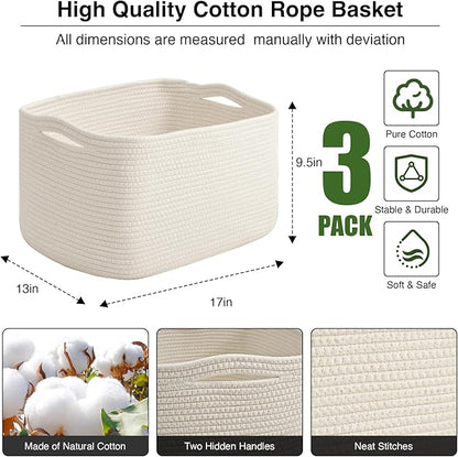 ICERZCZ Large Storage Baskets for Organizing Shelves, Woven Cotton Rope Bins for Baby Nursery Organization, Book Toy Towel Organizer, 17"x13"x9.5", 3 Packs, Off White