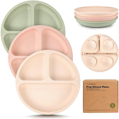 KeaBabies Suction Plates for Baby, Toddler - 3-Pack 100% Silicone Toddler Plates, Divided Baby Plates with Suction, Silicone Plates for Baby, Kids, BPA-Free, Microwave, Dishwasher Safe (Macaron)