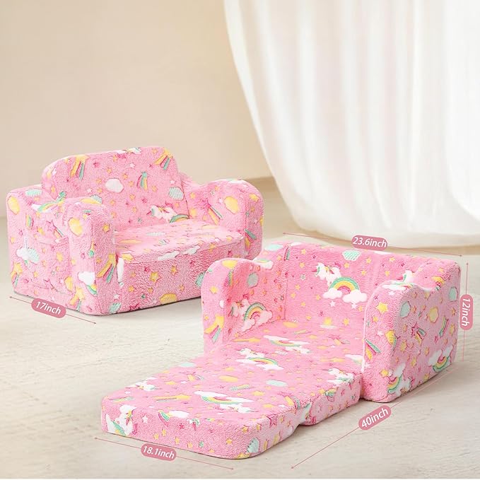 MeMoreCool Folding Toddler Chair, Glow-in-The-Dark Soft Plush Kids Fold-Out Couch Sofa, Comfy Baby Recliner for Girls and Boys (Glowing Unicorn, Pink)