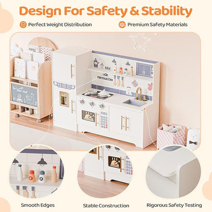 JOYMOR Kids Wooden Play Kitchen Sets, New Modern Children's Wooden Toy Kitchen w/Refrigerators & Ample Play Kitchen Accessories, Ideal Pretend Playset Gift for Toddlers