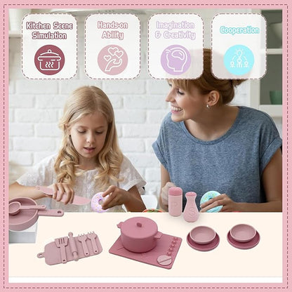 Play Kitchen Accessories, Silicone Pretend Play Kitchen Toys Set, Play Kitchen Pots and Pans Set for Kids, Learning Education Cooking Toys for Girls(Pink)