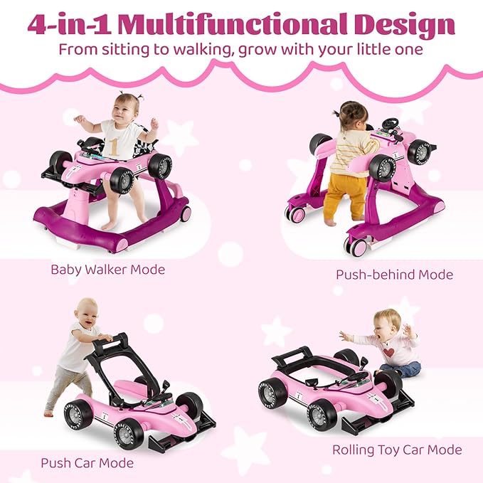 GLACER Foldable Baby Walker, 4-in-1 Infant Walker with Adjustable Height & Speed, Music, Light, Steering Wheel & Washable Cushion, Baby Walker Activity Center for Boys Girls 6 –18 Months (Purple)