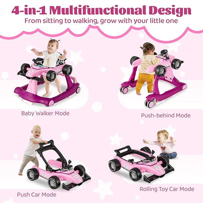 GLACER Foldable Baby Walker, 4-in-1 Infant Walker with Adjustable Height & Speed, Music, Light, Steering Wheel & Washable Cushion, Baby Walker Activity Center for Boys Girls 6 –18 Months (Purple)