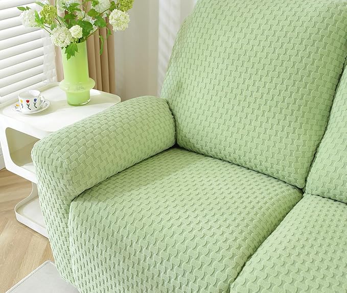 vctops 6 Pieces Jacquard Plush Recliner Loveseat Slipcover Stretch Soft Sofa Couch Cover Anti-Slip Solid Color Furniture Protector with Elastic Bottom for Kids Cats Dogs(Green,2 Seat)
