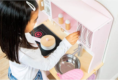 New Classic Toys Wooden Pretend Toy Kitchen for Kids Role Play Included Accessoires Pink Colored - Makes Sound