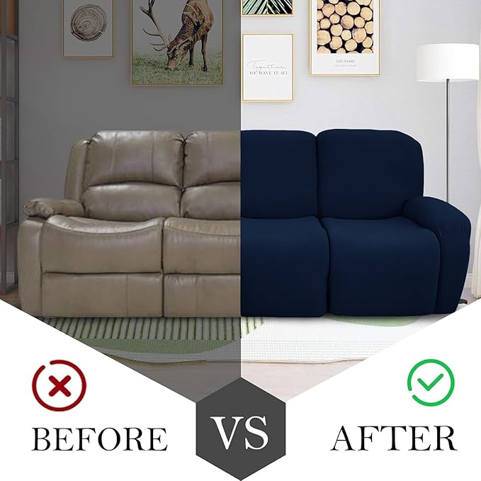 JIVINER 8-Piece Recliner Sofa Covers Stretch Jacquard Couch Covers for Recliner Slipcovers for Living Room 3 Cushion Soft Recliner Protector with Pocket (Sofa Recliner, Navy Blue)