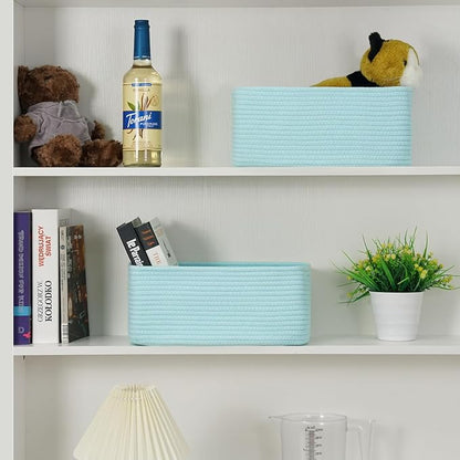 3-Pack Small Storage Baskets for Organizing | Woven Shelf Toy Basket | Rope Baskets for Gifts Empty | Closet Organizer Bins with Handles | Cube Decorative Box | 11.8×7.8×5.1” | Light Blue