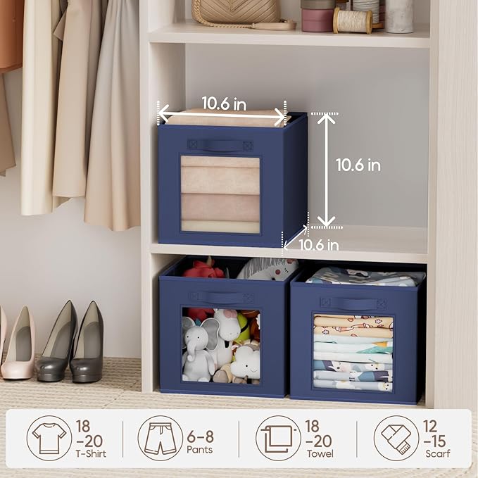 Homsorout Storage Cube 11 Inch - Cube Storage Bins with Window, Closet Storage Baskets with Handle, Fabric Bins for Closet, Shelves, Toys, Clothes, Set of 12, Navy Blue